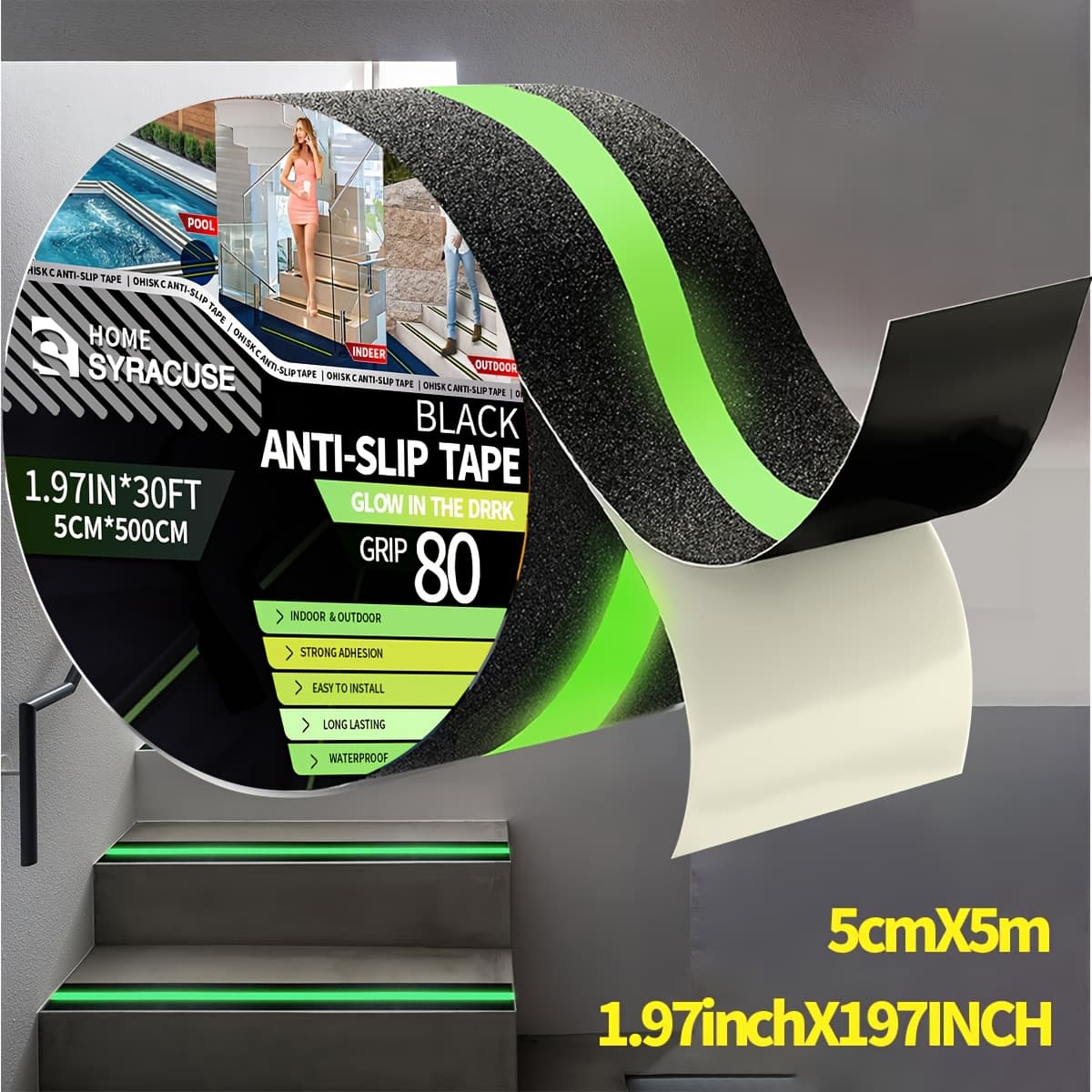 TEMU 1pc Heavy Duty Non-slip Tape With -the-dark Tape, Waterproof Safety Traction Tape, High , Black With Neon For Steps Outdoor Basement Stair Treads(1.97inchx197inch)