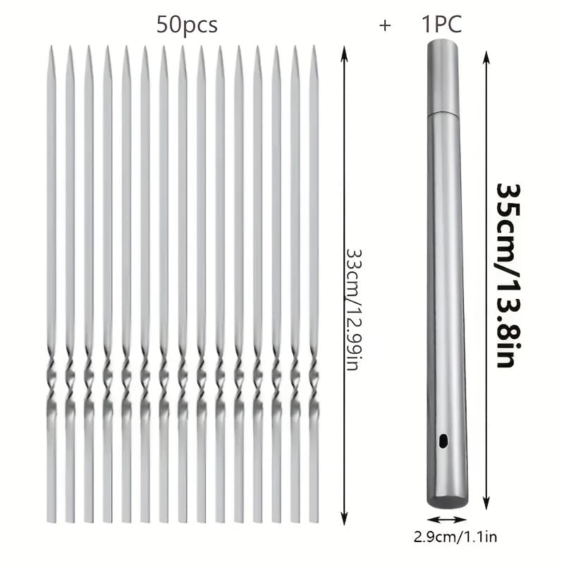 TEMU /50pcs Durable Stainless Steel Bbq Skewers With 1 Tube Storage, Reusable And Easy To Clean For Outdoor And Indoor Grilling Parties