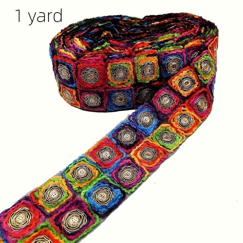 TEMU Rustic Vintage Embroidered Lace Trimmed Ribbon, 1 Yard, Mixed Colors - Multicolor Chevron Pattern, Ethnic Style, Diy Craft And Decorative Supplies (width: 7cm/2.72in)