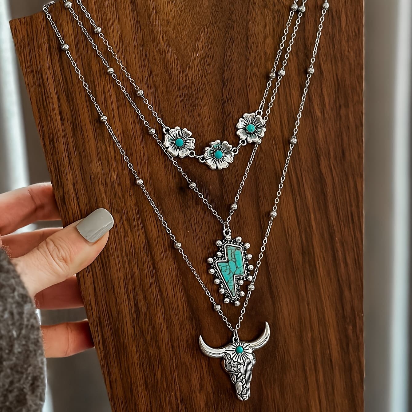 TEMU Set Of 3 Alloy Inlaid Pendant Necklaces, Featuring A Vintage Ethnic Western Cowboy Lightning , Perfect For Gifts And Layering During Vacations