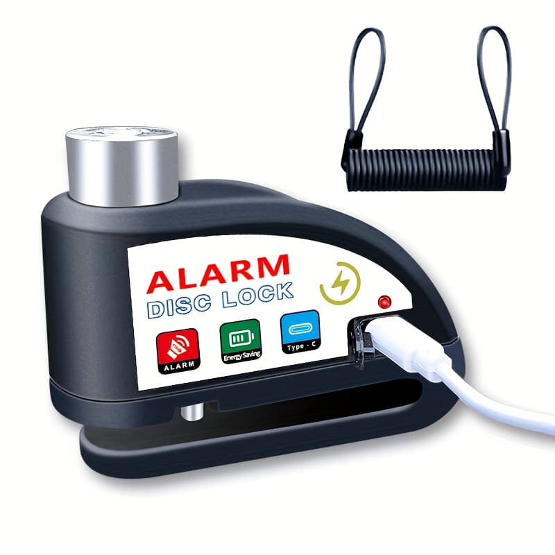 TEMU Dirt Bike Lock Motorcycle Lock Anti-theft Lock Disc Brake Lock Bicycle Lock 110db Alarm System 500mah Battery Usb Charging Complimentary Cable Reminder Rope