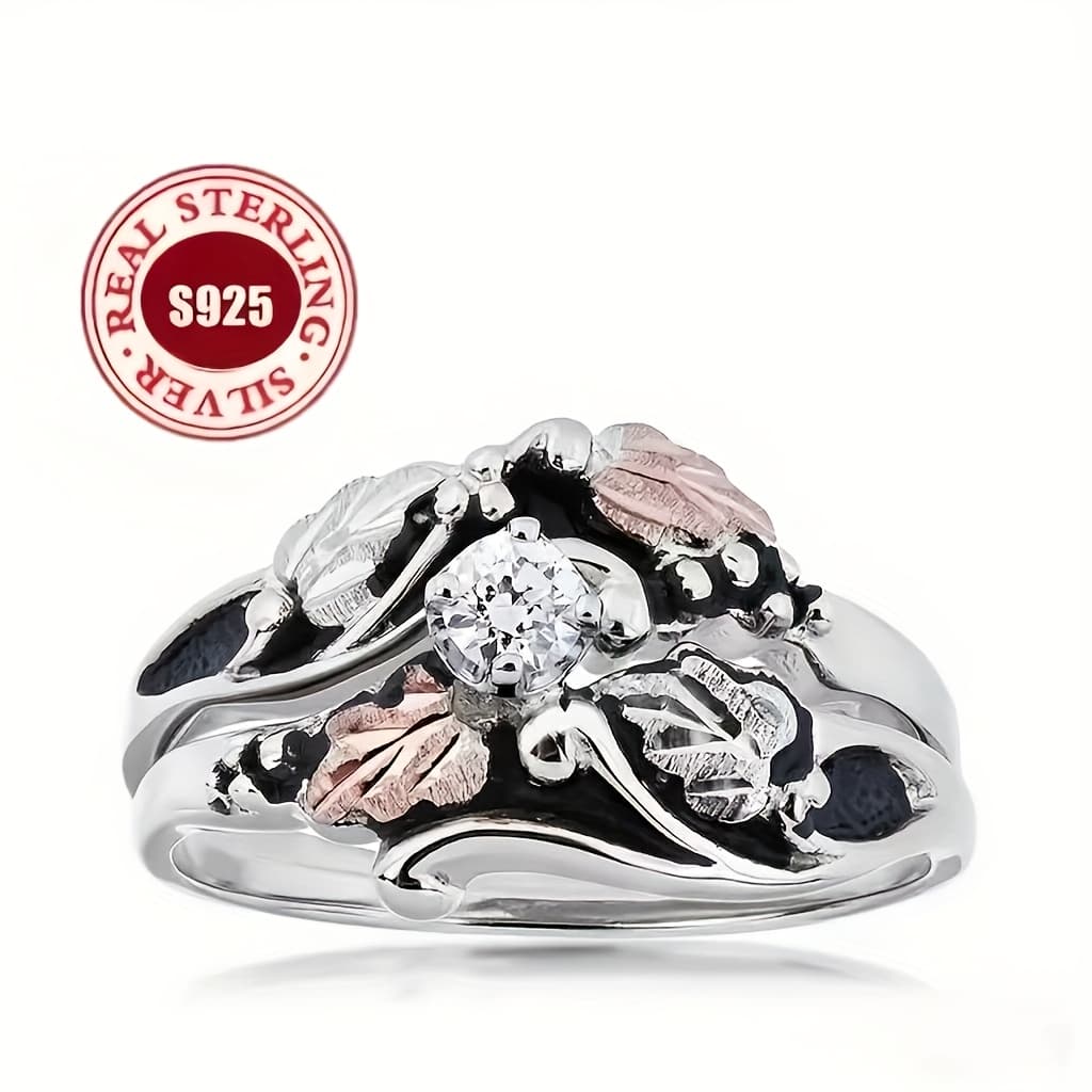 TEMU Elegant S925 Silver Leaf Inlaid Design 5a Grade Artificial Cubic 5a Zirconia Ring Set, Suitable For Daily Wear, Banquets, And Valentine's Day Gifts