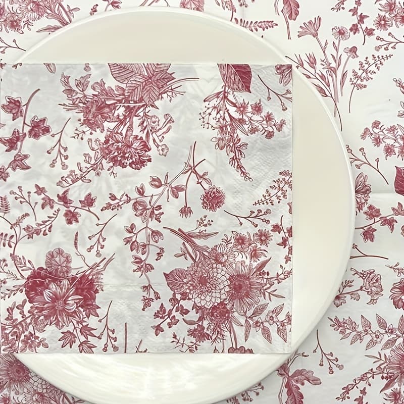 TEMU 20 Sheets/set, Burgundy Vintage Floral Printed Napkins 13x13inch, Wedding Party Decor Tissues, Restaurant Family Dinner Party Supplies