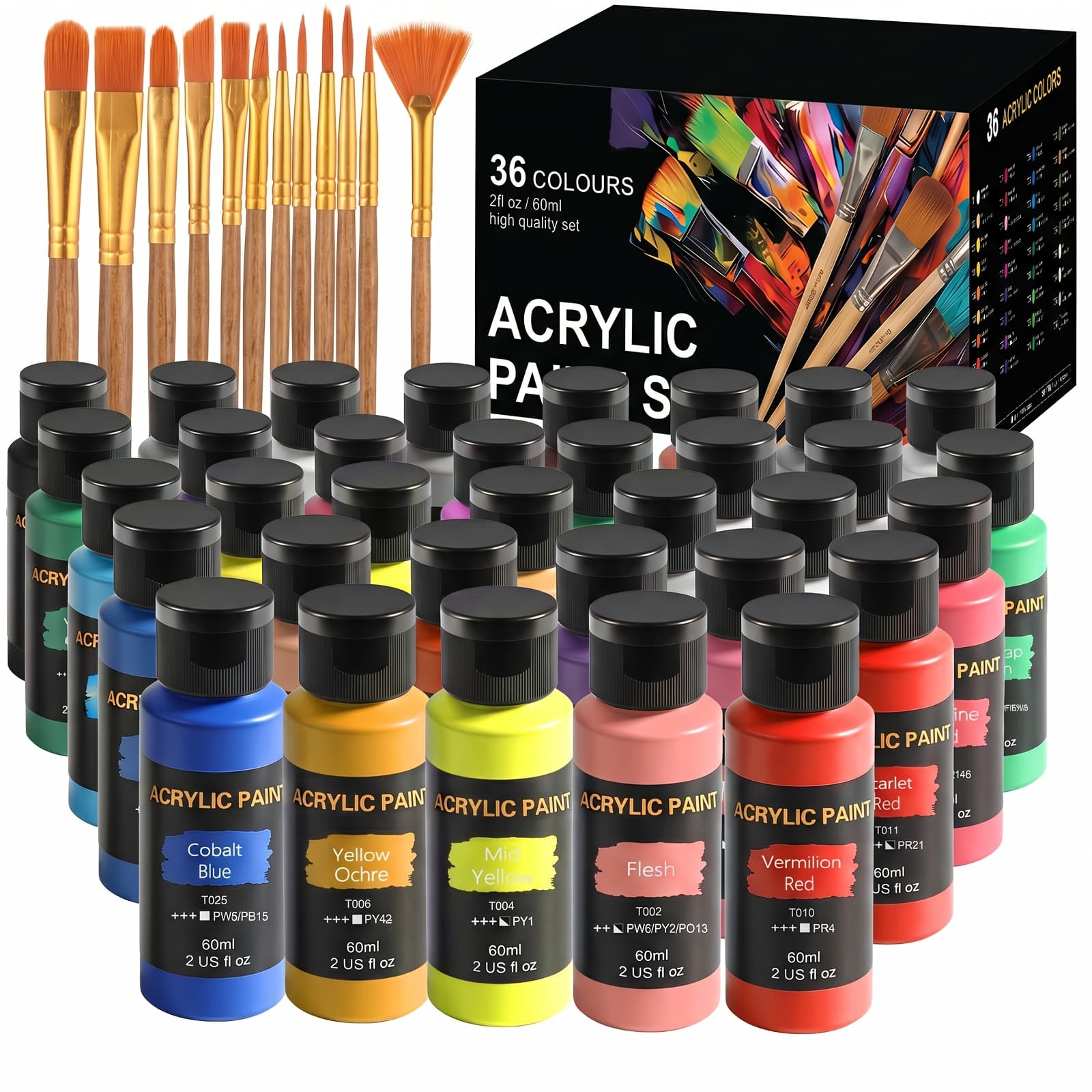 TEMU 60ml 36 Shades Professional Acrylic Paint Set With 12 Brushes, Art Supplies For Adult Beginners And Pros, Perfect For Canvas, Wood, Stone And Multi-surface Art Painting