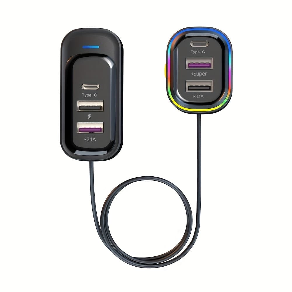 TEMU Car Fast Charger 6 Port Expansion Front And Rear Charging Type C Usb 1.5m Extension Cable 66w Charge