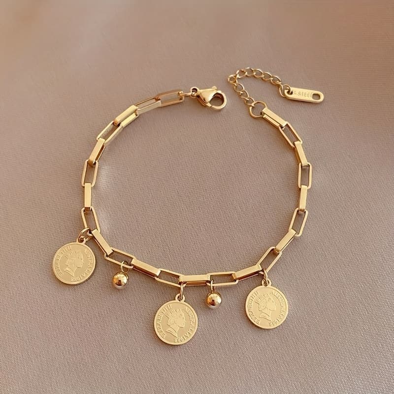 TEMU 1 Elegant Golden-tone Stainless Steel Bracelet With Engraved Round Charms - Y2k Minimalist Style, Adjustable Clasp, Ideal For Daily Wear & Gifting