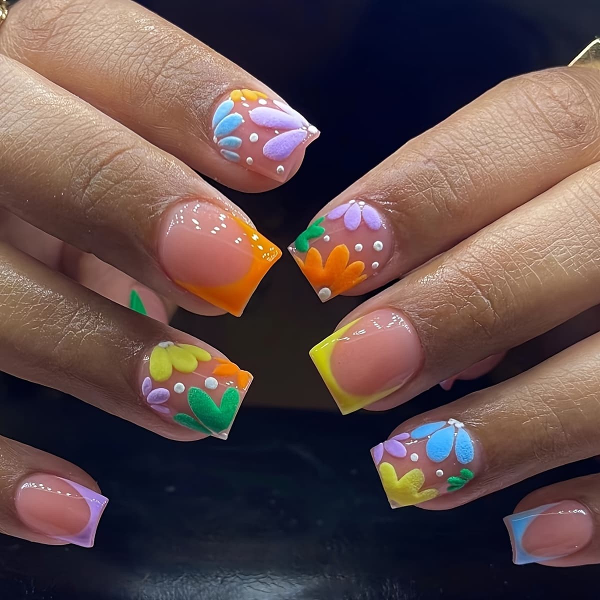 TEMU 24pcs Square Press-on Nails With Multi-colored Patterns And Contrasting Bright Surface, Short Length - Includes Jelly Glue And Fillet,