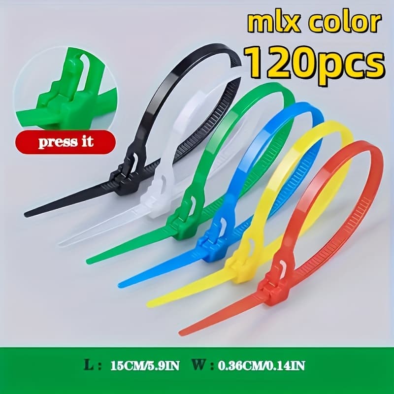 TEMU 120pcs Reusable Self-locking Plastic Nylon Cable Ties: Mixed Colors For Secure Fastening, Durable And Flexible Ribbed Design In Assorted Shades, Suitable For Indoor & Outdoor Use