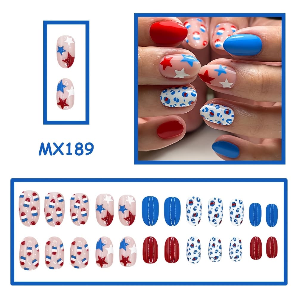 TEMU 24pcs Of Summer Day Fake Nails, With Red, Blue And Leopard Print Ice Cream Dot Patterns, Summer Essential Summer Atmosphere Fake Nails, Suitable For July 4th Day Decoration And Matching