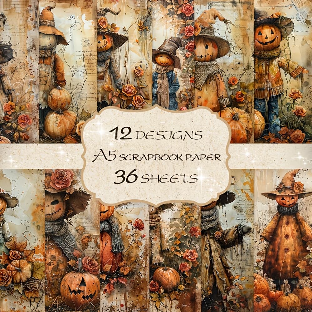 TEMU A5 Vintage-style Journal Paper Featuring 36 Sheets With 12 Different Designs, Exuding A Rustic And Charm, Ideal For Craft Decoration, Magazines, And Crafting Materials - The Pumpkin Man