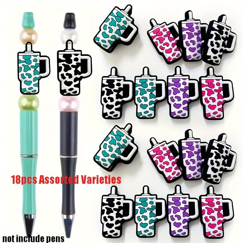 TEMU 18pcs Random Color Cow Print Travel Cup Silicone Beads For Jewelry Cute Cup Silicone Beads For Pens Keychain Making Crafts Supplies Back To School Gift
