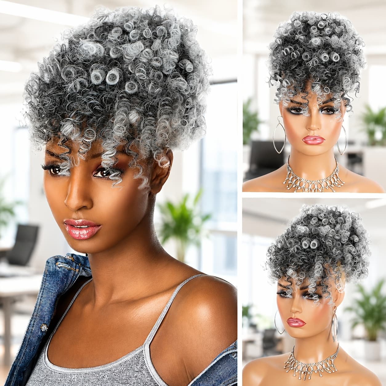 TEMU Mixed Grey Afro Ponytail, 12 Inch High Puff Hair Bun Extension, Salt And Pepper Heat Resistant Synthetic Hairpiece For Daily Wear