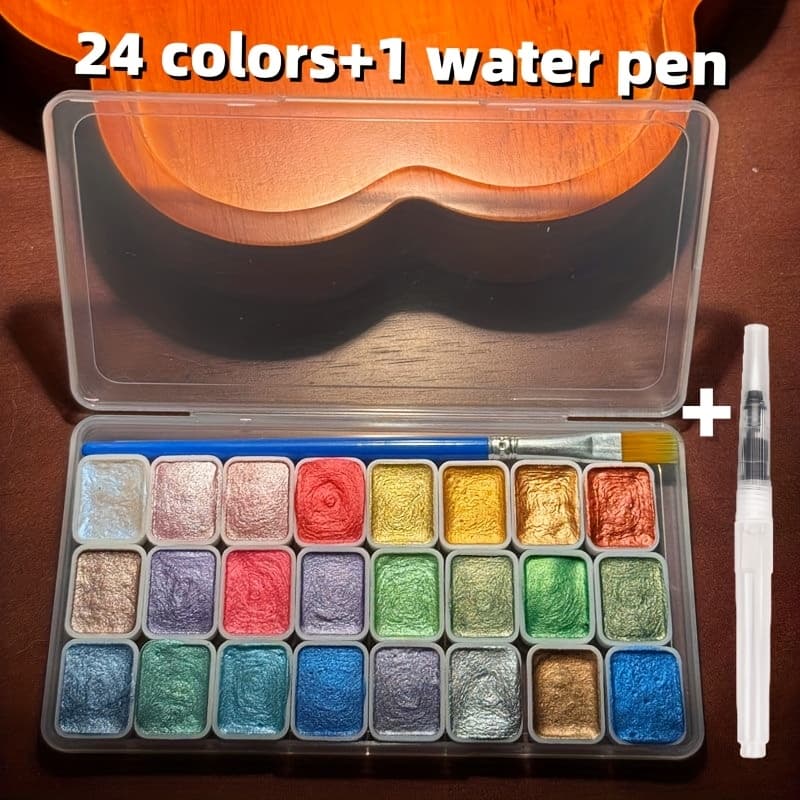 TEMU 24- Pearl Watercolor Set With 2 Brushes & Metal Pigments - Transparent Portable Suitable For Chinese Calligraphy, Art, Traditional Painting - Artist-grade Watercolors