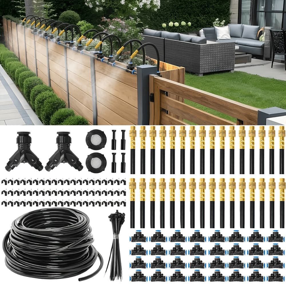 TEMU 200ft 1/4" Drip Irrigation System,2025-upgrade Garden Irrigation Kit With 32pcs Adjustable Copper Nozzles,automatic Atomizing Watering System For Outdoor Plants,raised Bed,yard,potted Plant,lawn