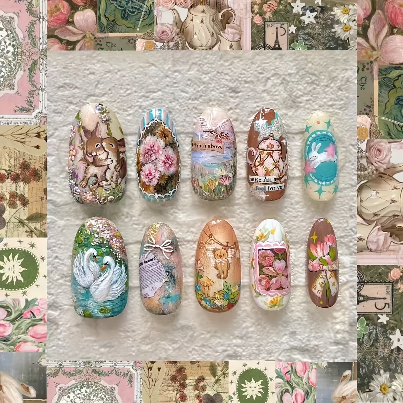 TEMU Fresh Style, 24pcs Of Field Notebook, Almond-shaped False Nails, Warm Atmosphere, Swan, Rabbit, Bear, Flower Print, Fashion, Exquisite And Cute, Temperament, Wearing Nails, Daily Nail Art