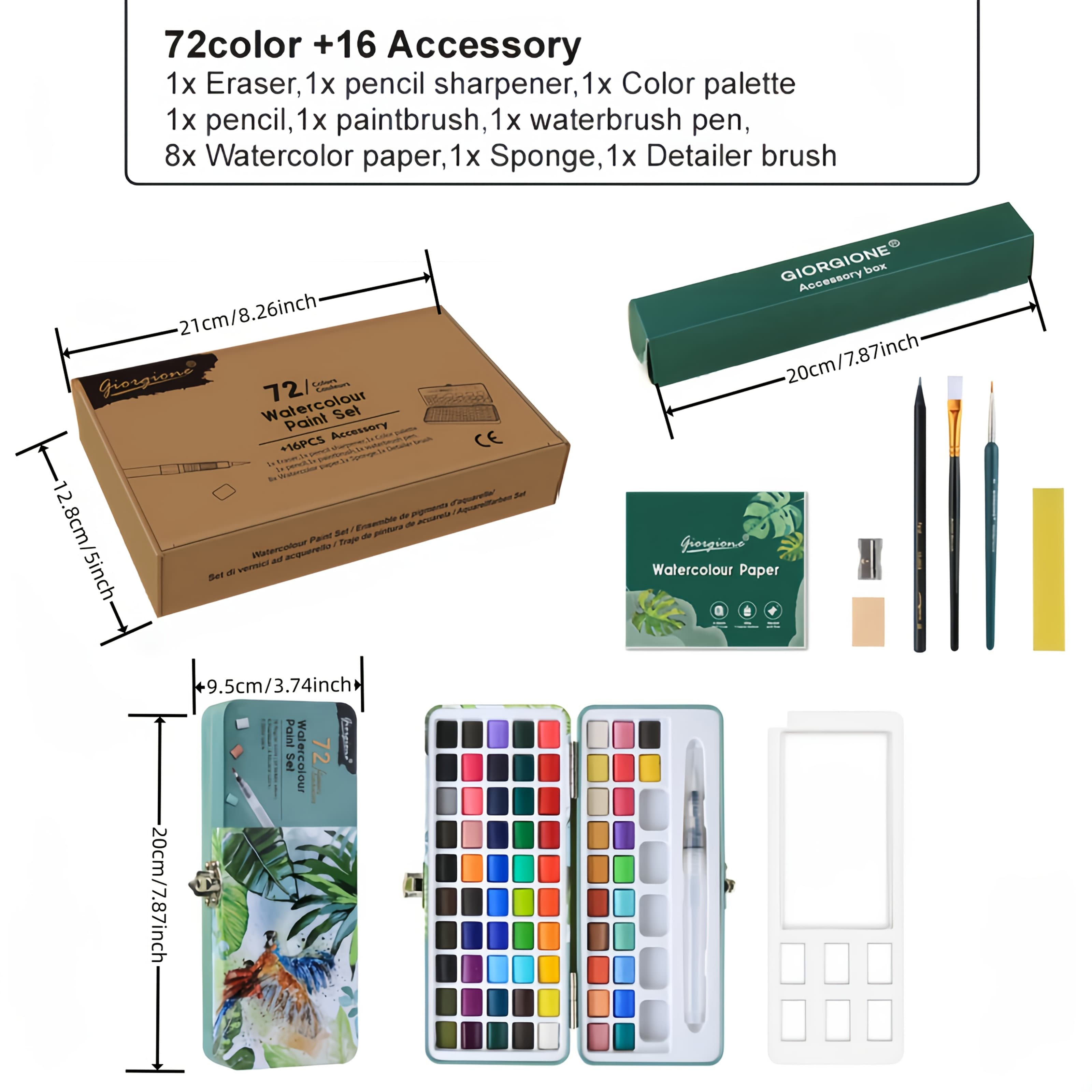 TEMU 72 Colors Watercolor With Palette, 50-colors + 22-metallic Pearlescent Colors, Includes Watercolor Paper/pencil/erase/brushes, Blending Palette, Portable Drawing Essentials For Art Lovers
