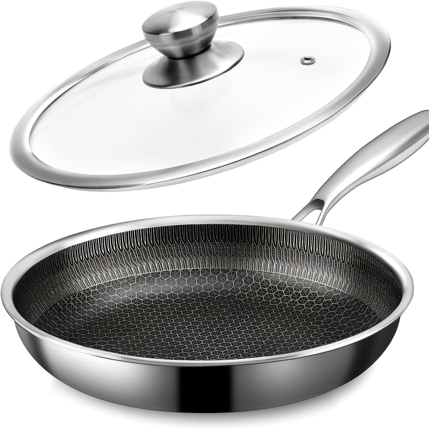 TEMU Stainless Steel & Wok, Rust-resistant, , With Lid Standing Honeycomb , Stainless Steel Handle, Dishwasher Safe, Compatible With All Stove Types. Kitchen Tools