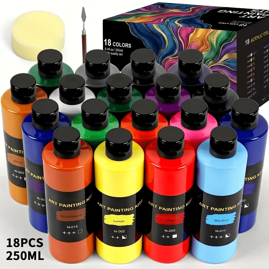 TEMU 18 Colors (250ml/bottle) Premium Acrylic Paint Set - Rich Pigments, Vibrant & Long-lasting - For Canvas, - Great For Beginners & Professional Artists, Back To School, Christmas & Halloween