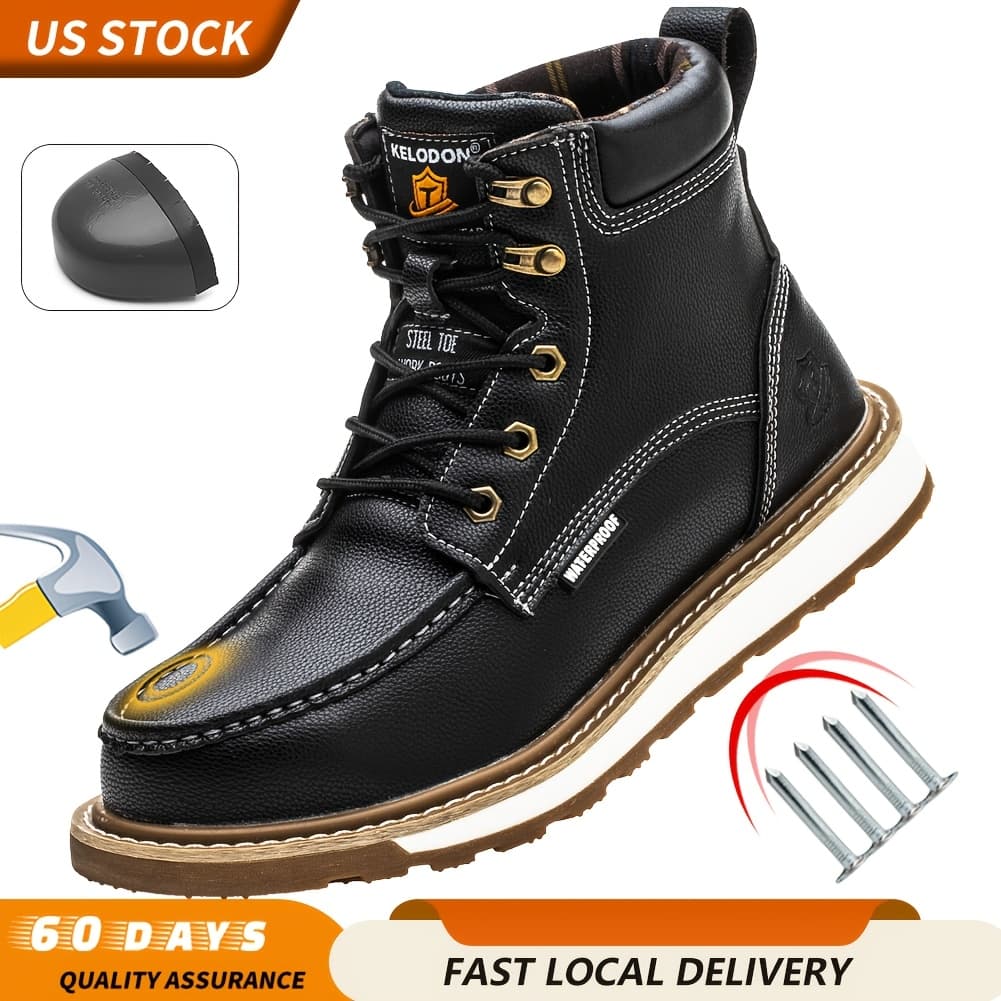 TEMU Men's High Toe Work Boots, 6" Construction Safety Shoes With Composite Toe, Non-slip, Tenis Zapatos De , Black/brown, Us 6-14