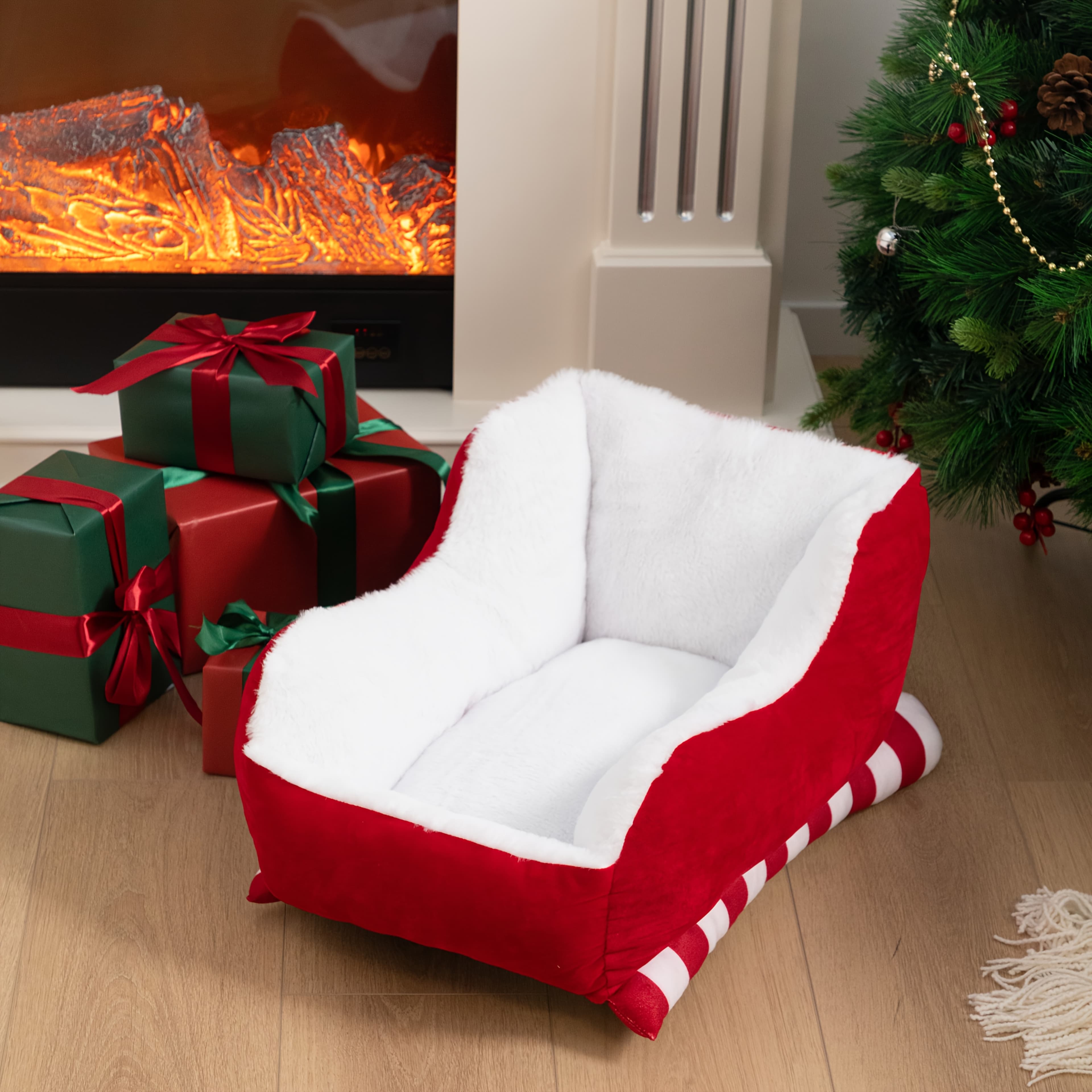 TEMU Cozy Pet Bed, Red Velvet With Faux Fur, Indoor And Outdoor Dog Bed, Cat Bed, Breathable Bed, Kitten Bed, Washable And Durable