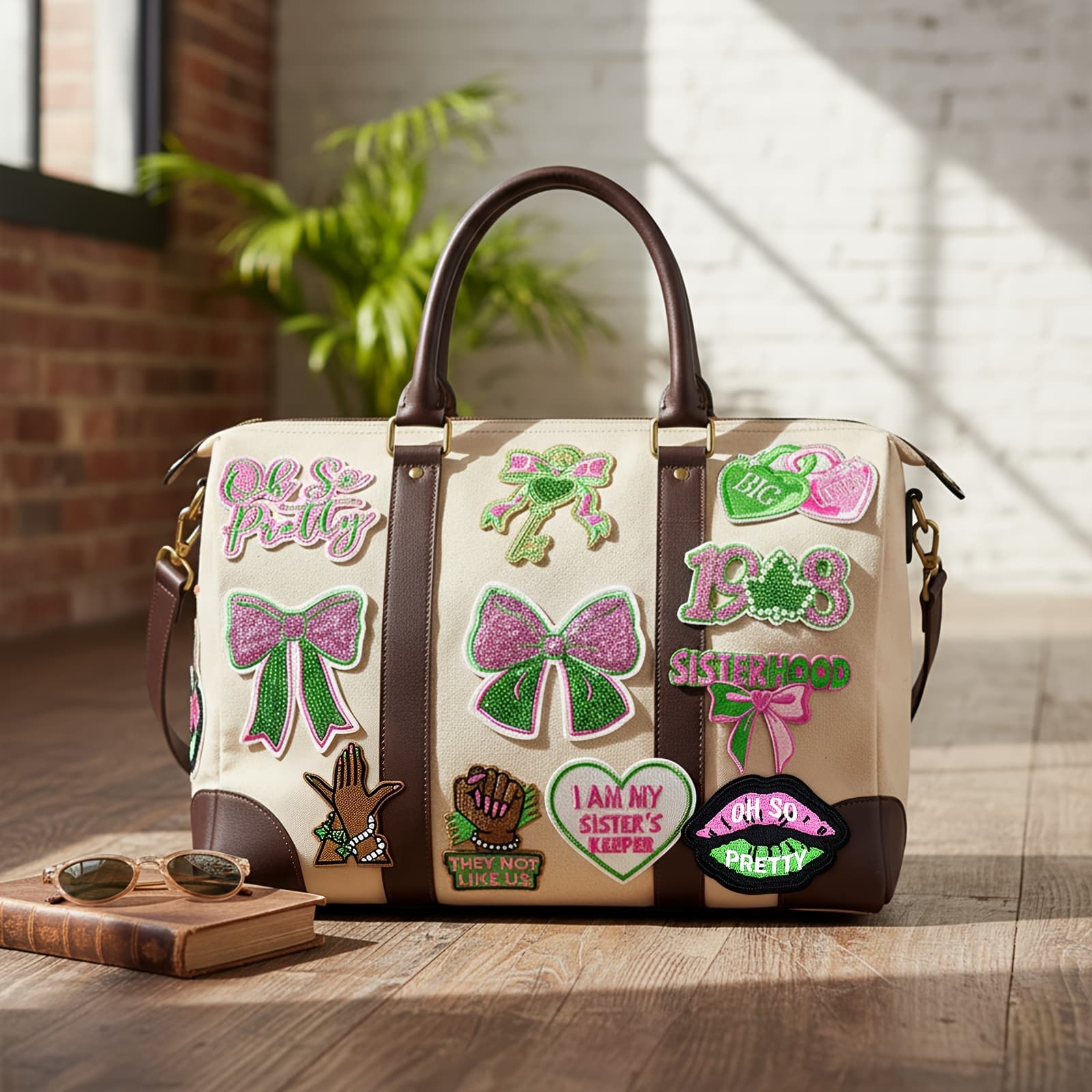 TEMU Set Of 11 Pink And Green Sorority Patches, Beautifully Designed Embroidered Iron-on Patches For Jackets, Bags, And Craft Projects