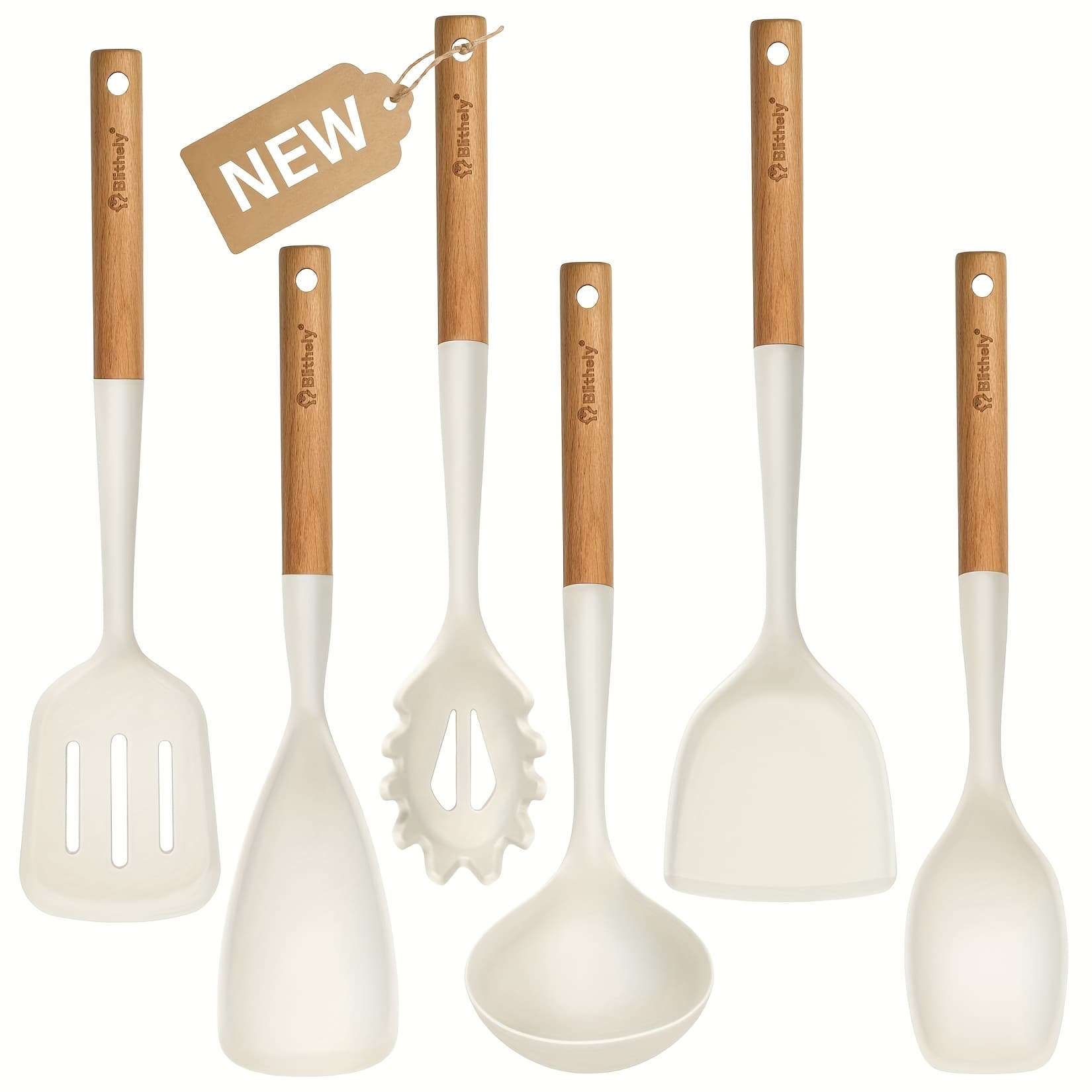 TEMU Set Of 6 Silicone Kitchen Tools With Wooden Handles, Heat-resistant Spatula Set Suitable For Nonstick Cookware, Including Spatula, Turner, Spoon, And Ladle, Free From Bpa