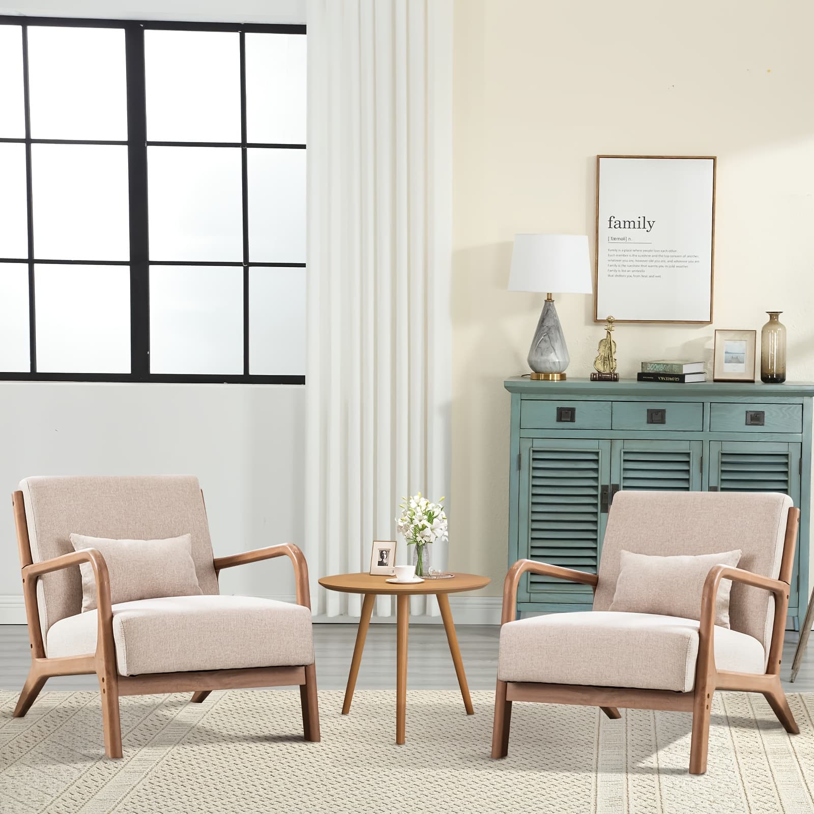 TEMU Mid-century Modern Accent Chair, Linen Fabric Upholstered Living Room Chair With Solid Wood Frame, Lumbar Pillow & Comfy Cushion - Easy Assembly Reading Side Chair For Bedroom & Office