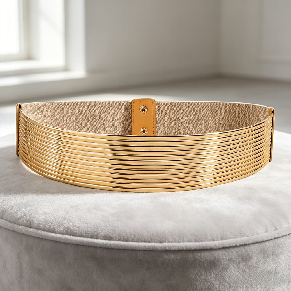 TEMU Golden Elastic Wide Belt For Women - Adjustable Stretch Waist Belt With Ribbed Texture, Versatile Dress & Suit Belt For Daily Wear, Parties, Banquets, Beach - Stylish Accessory For , Ladies Belts