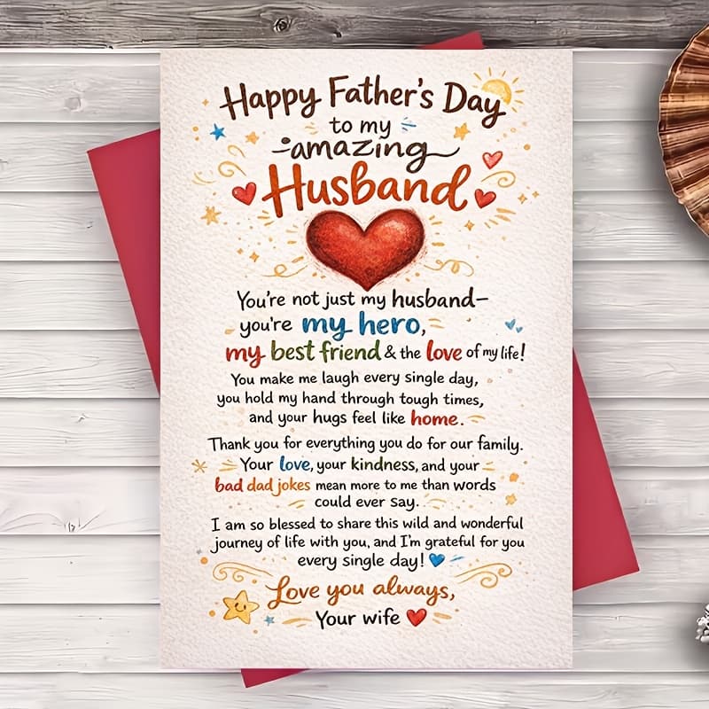 TEMU 1 Greeting Card + 1 Envelope Fathers Day Card For Husband From Wife Love And Appreciation Flat Greeting Card Romantic Gift For Him Anniversary Wedding Day Birthday Celebration