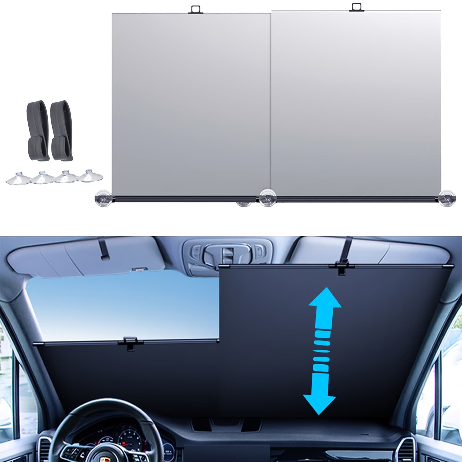 TEMU New Automatic Retractable Car Windshield Sunshade - Foldable Front Window Sunshade Blocks 99% Of And Heat, Fits Most Cars, Features A Easy Rolling Mechanism And Suction Cups (1 Pair)