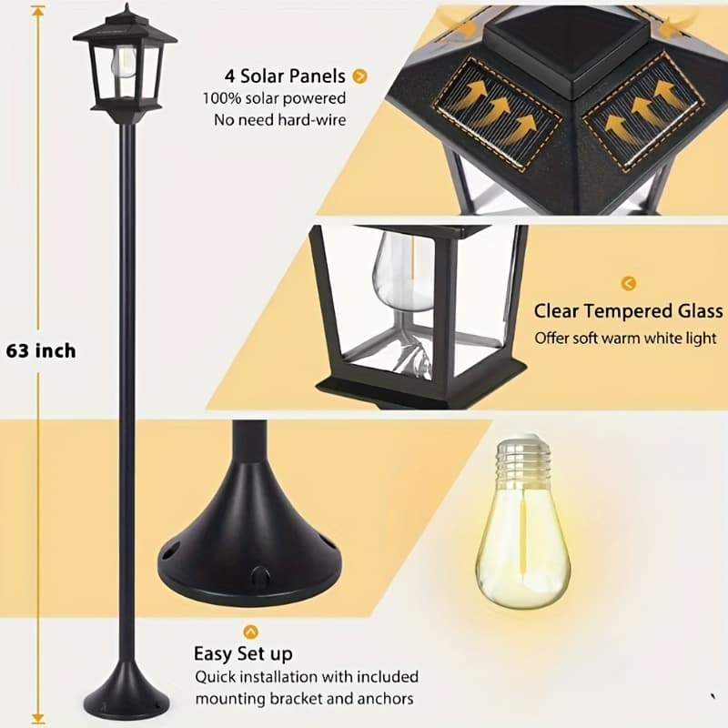TEMU 2 Pack 63 Inch Solar Lamp Post Lights Outdoor, Solar Powered Floor Lamps For Garden Pathway, Waterproof Yard Lights For Christmas Holiday Decor, Warm Lights For Driveway, Front Door, Backyard