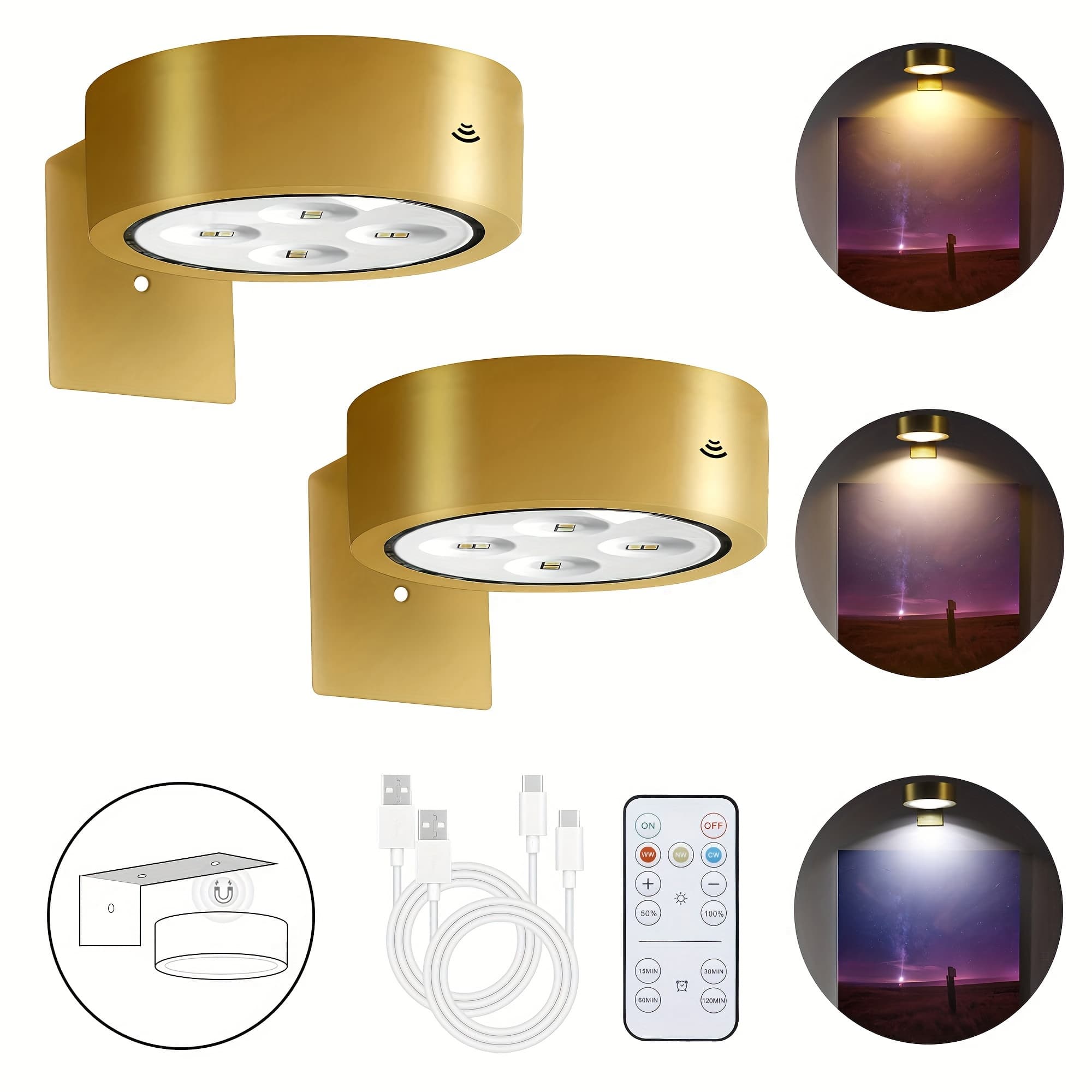 TEMU Pack Of 2 Golden Rechargeable Battery Picture Light, Led Painting Light With Remote Control Dimmable And Timer, 3 Lighting Magnetic Art Display Light For Paintings, Wireless Wall Decor Puck Light