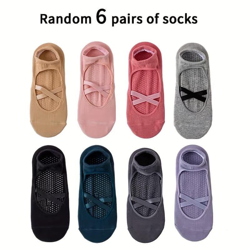 TEMU Random 6-pack Women's New Anti-slip Ballet Socks - Soft Material, -cross Strap Design, Breathable And Comfortable, Suitable For Yoga, Pilates, Ballet,