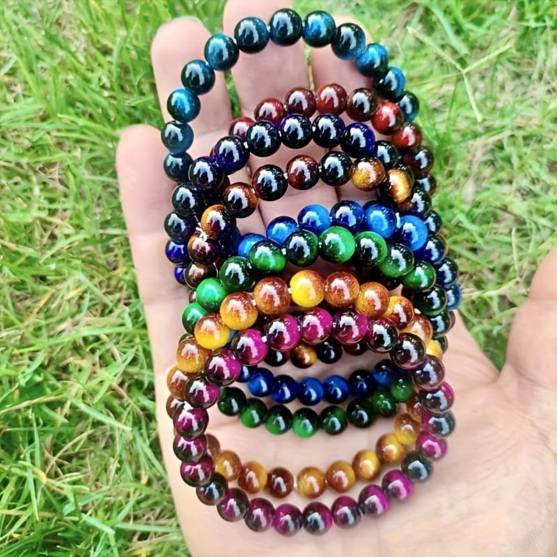 TEMU 8pcs Set Tiger Eye Stone Bracelet - Natural Beads, Durable & Stylish Handmade Jewelry For - Birthstone Gift For Valentine's Day