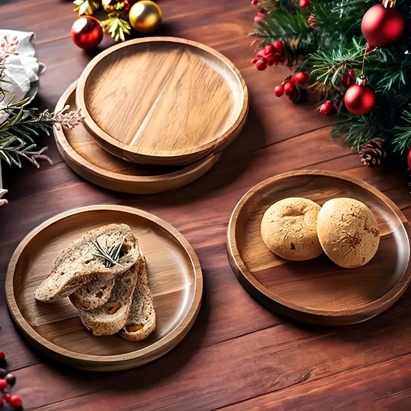 TEMU 4pcs Hard Wood Tray Set, 5.9" - Perfect For Coffee, Tea, Snacks, Desserts & Appetizers Round Wooden Plate With Candle Holder Festive Home And Table Decoration