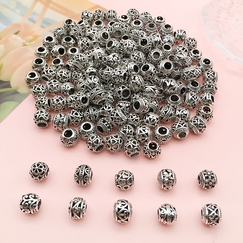 TEMU 60pcs Alloy 9mm Hollowed-out Round Large Hole Beads Silvery Spacer Beads For Diy Handmade Beaded Bracelet Necklace Crafts Jewelry Making Supplies
