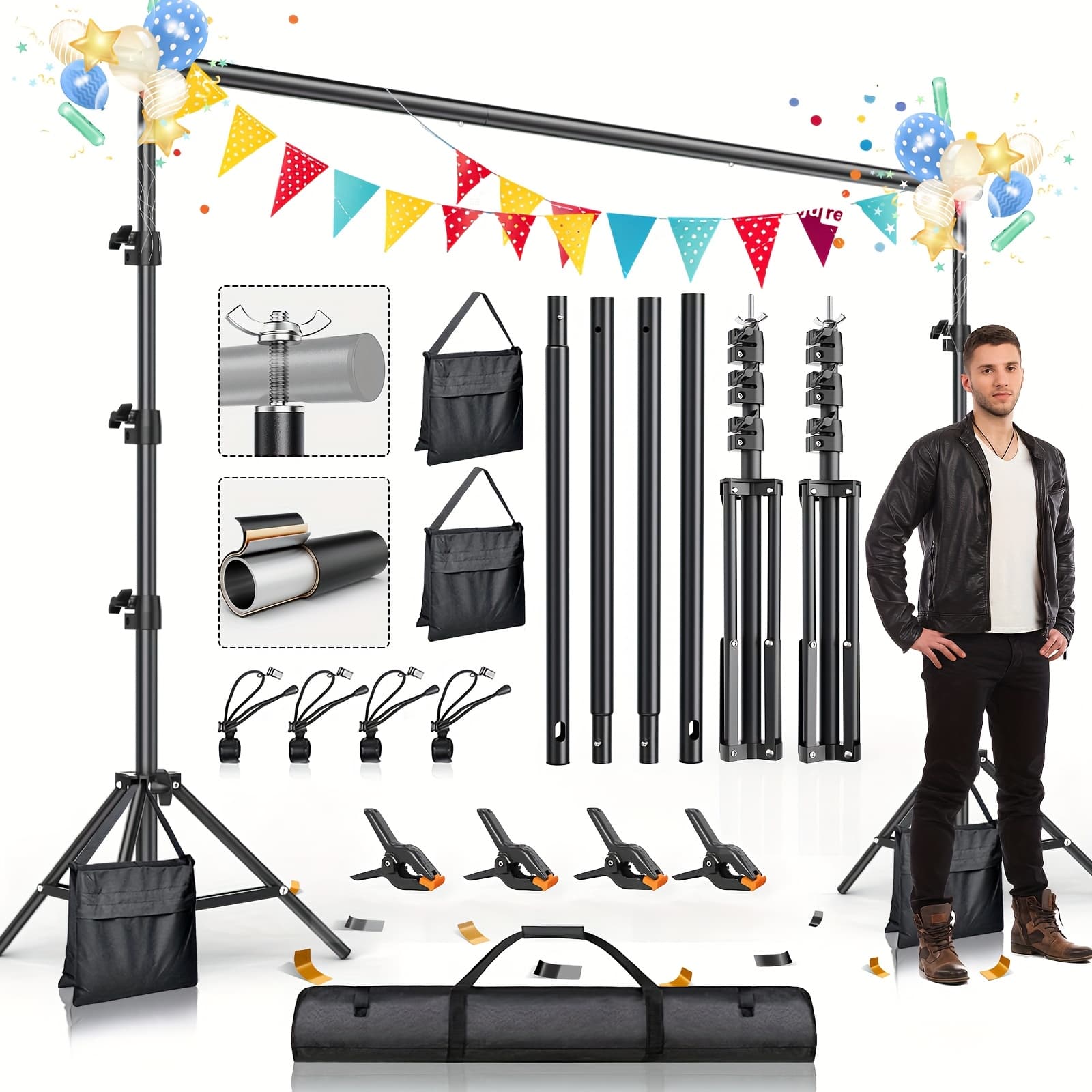 TEMU 10x 8.5 Feet Photography Background Stand, Adjustable Photo Background Stand For Photography Video Studio, With Portable Bag, Clamps, Sandbags