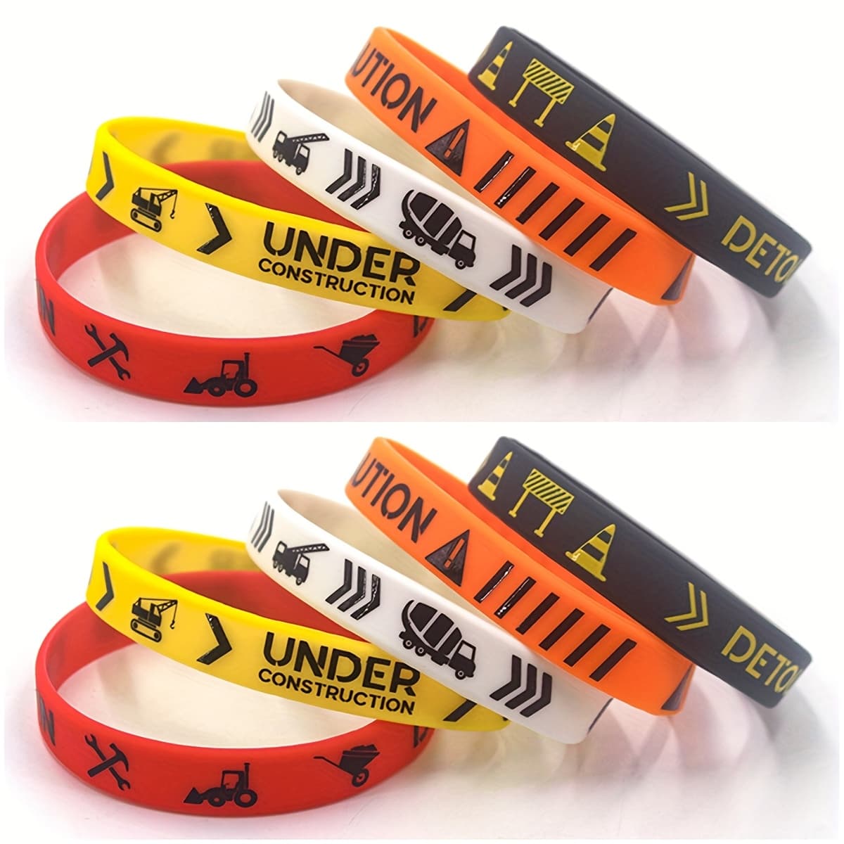 TEMU 5/10pcs Construction Theme Silicone Bracelet-safety Warning Wrist Band With Bulldozer, Crane And Truck Design, Suitable For Party Gifts And Daily Necessities, Durable