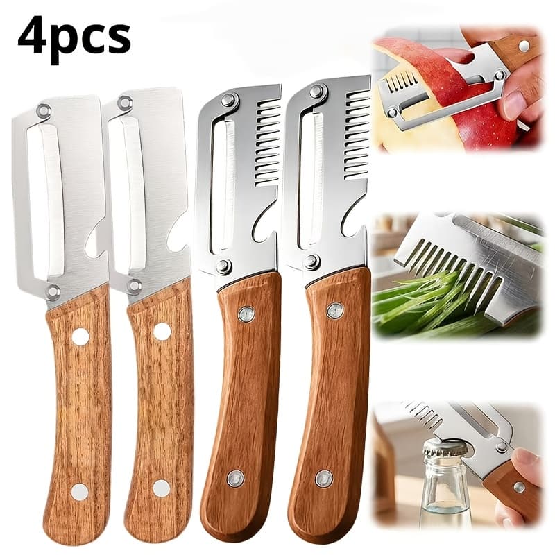 TEMU 4pcs Upgrade Vegetable Peeler With Wooden Handle, Stainless Steel Wide Blade Potato And Carrot Peeler, 3-in-1 Veggie Peeler With Scallion And Bottle Opener For Kitchen, Camping And Travel