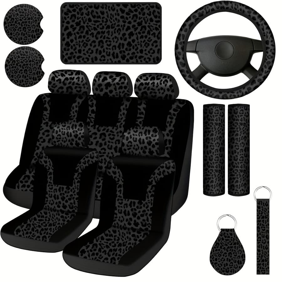 TEMU 13pcs Leopard Print Car Additions Set, Includes Seat Covers Set Steering Wheel Cover Coasters Armrest Pad Belt Pads Keychain And Wrist Strap For Decor (black)