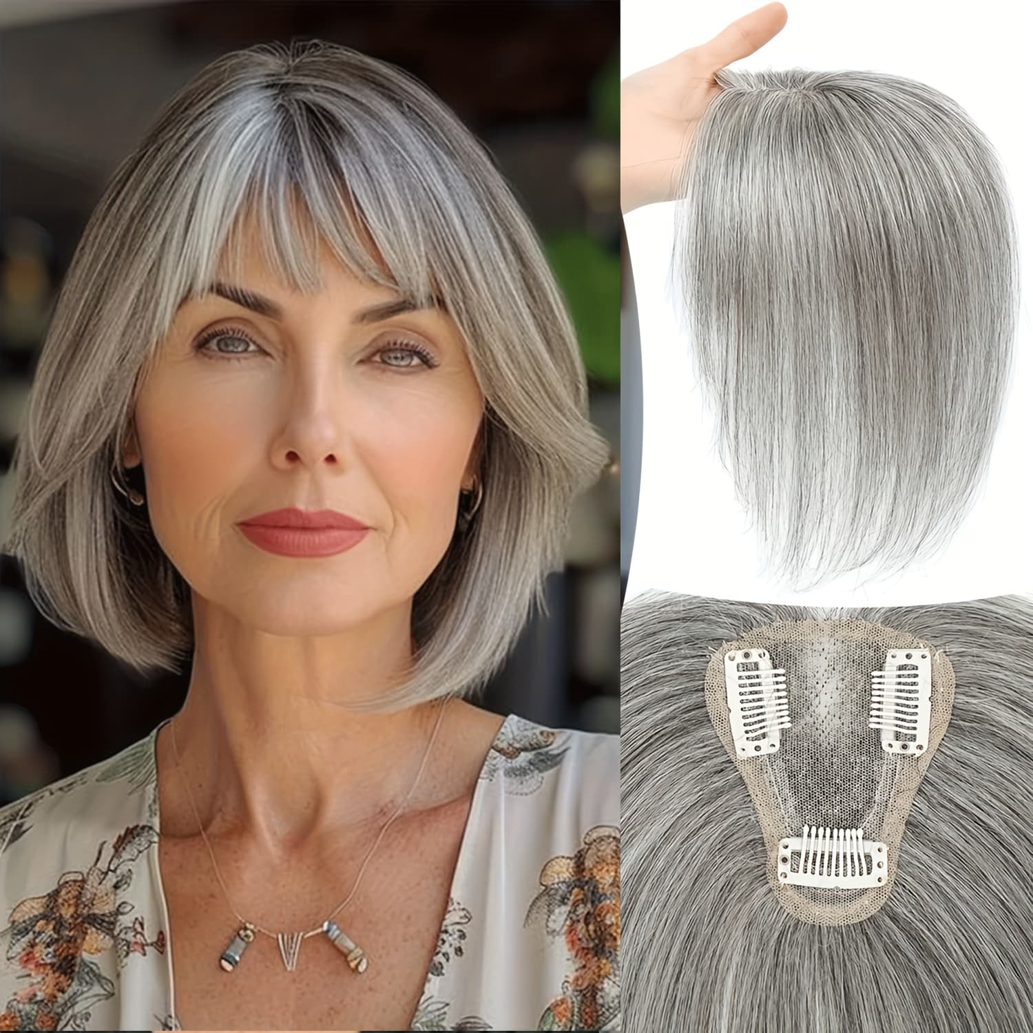 TEMU Elegant Clip-in Human Hair Topper For Women, Straight Hair With Human Hair Base, Cover Grey Hair & Enhance Hairline, 10 Inch Grey