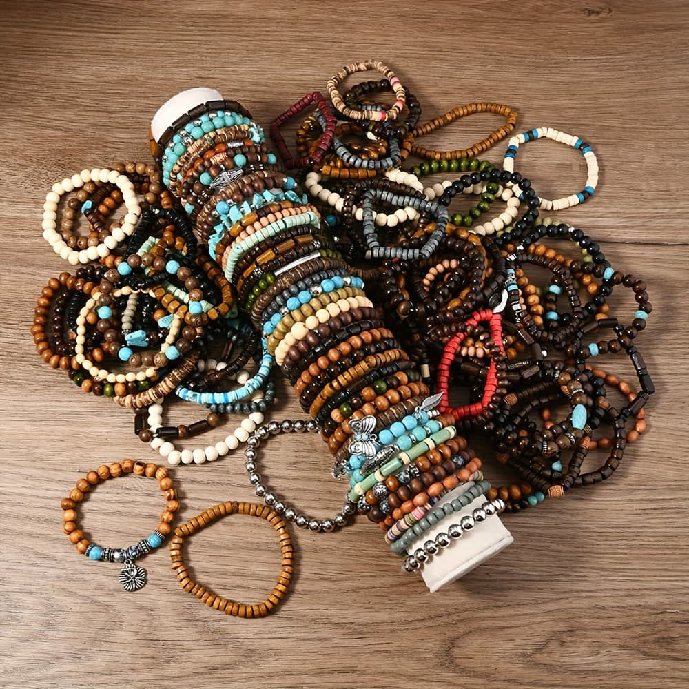 TEMU 36pcs, Bohemian Style, Retro Style Turquoise Wooden Beads String Beads Elastic Line Bracelet, Comfortable Decoration, Suitable For Men, New Style, Suitable As A Gift Or Decoration.