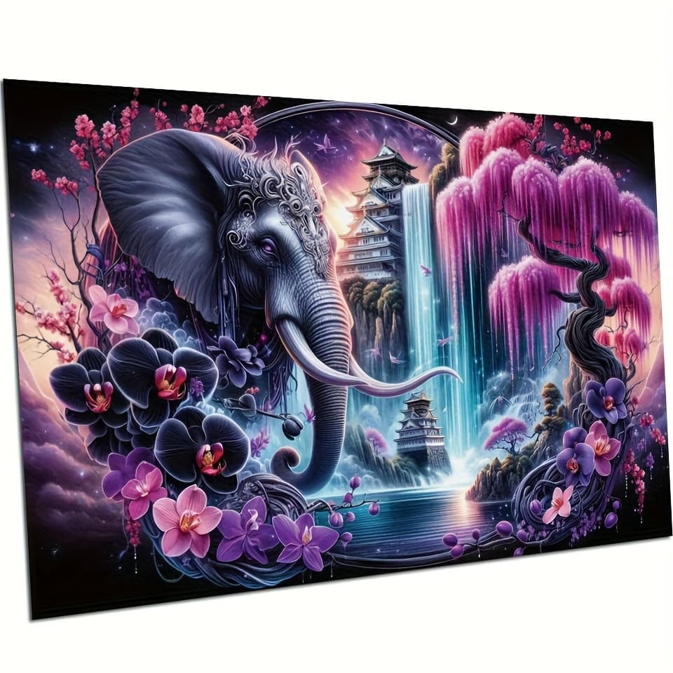 TEMU Vibrant Elephant Waterfall Landscape Flowers-animal 5d Diamond Painting Kit - Round Acrylic Mosaic Craft For Home Decor 70x40cm (28x16inch)
