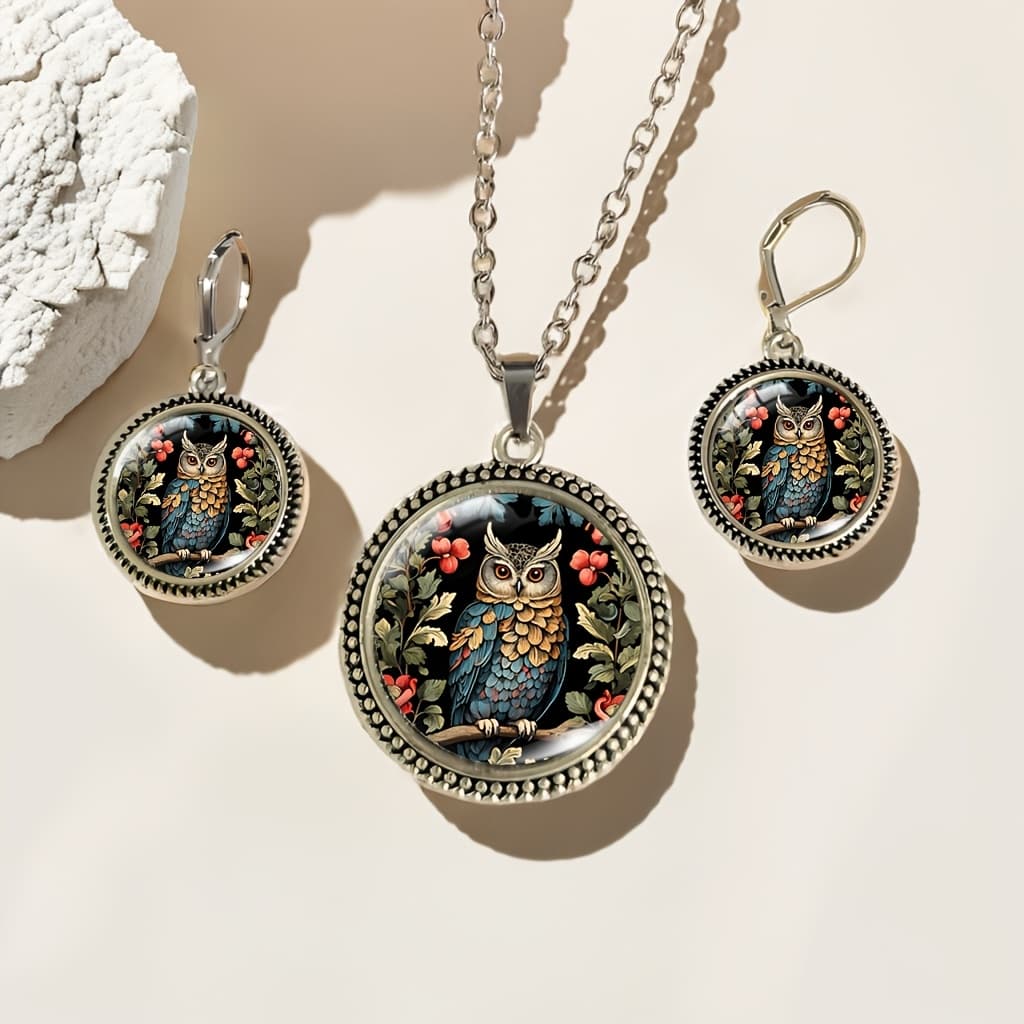 TEMU 3pcs Vintage Forest Owl Inspired Art Necklace And Earring Set, Nature-themed Jewelry Accessory Gift