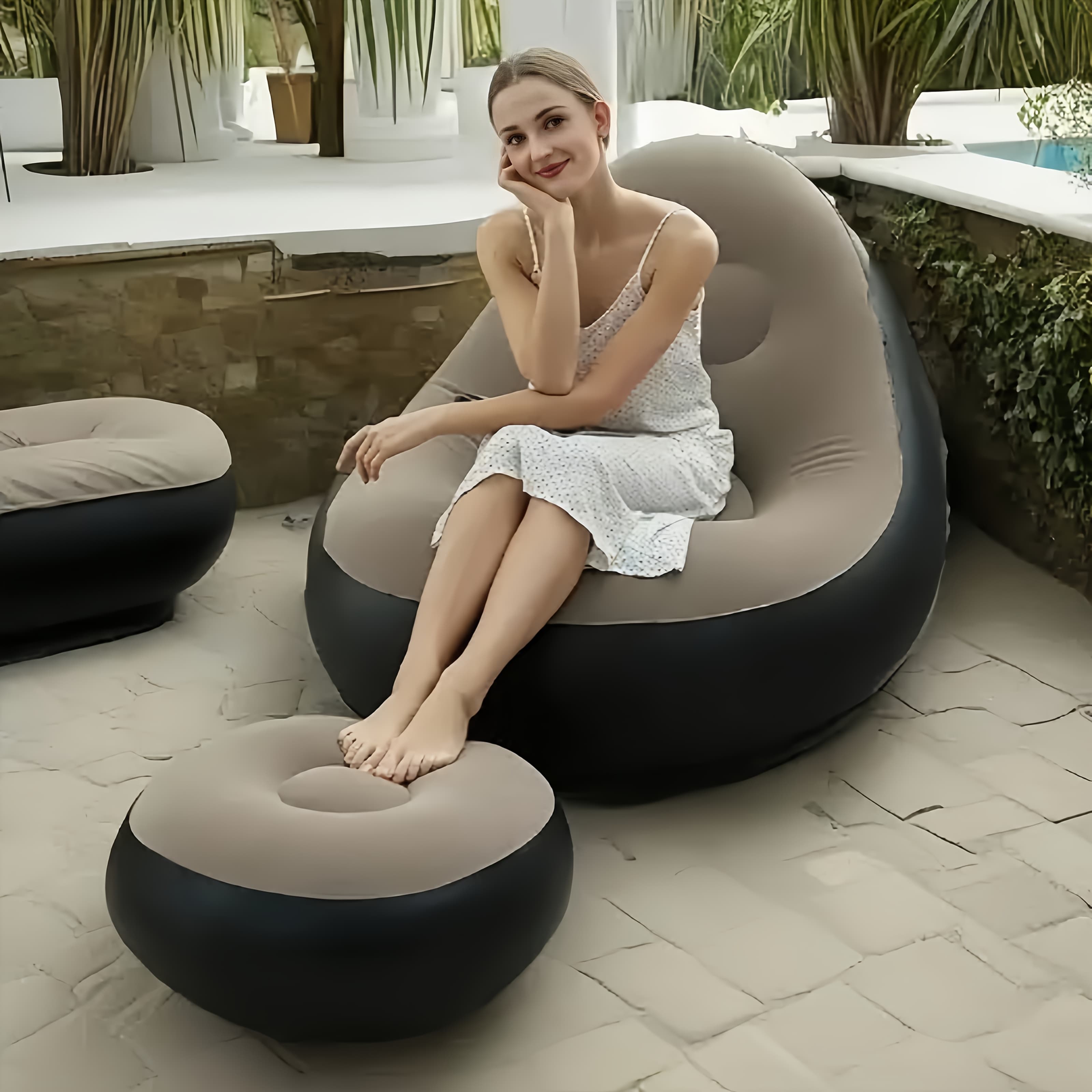 TEMU Inflatable Sofa With Footrest, Folding Lazy Chair For Camping, Fishing, Parties, Sunbathing, Hiking, Inflatable Furniture (brown)(red)