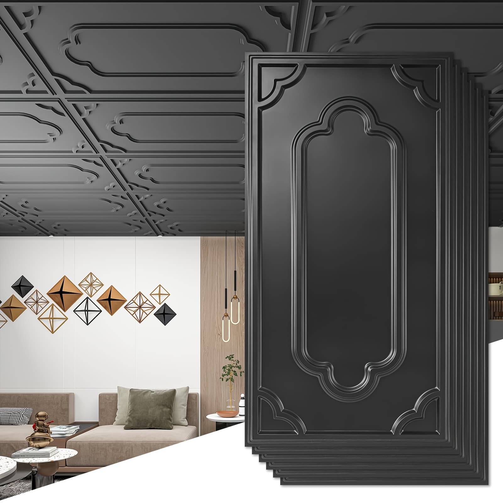 TEMU Art3dwallpanels Pack Of 12, 2x4-foot Drop Ceiling Tiles, Decorative Pvc Ceiling Covering Panel, 24x48-inch, For Basements, Bathrooms, And Kitchens, Covers 96 Sq. Ft. White, Black
