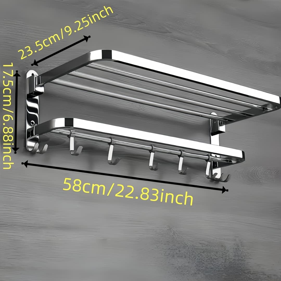 TEMU Stainless Steel 2-tier Bathroom Shelf With Hooks - Installation Suitable For Bathrobes, Towels, Toiletries - Heavy-duty Shower Shelf, Space-saving Storage Unit