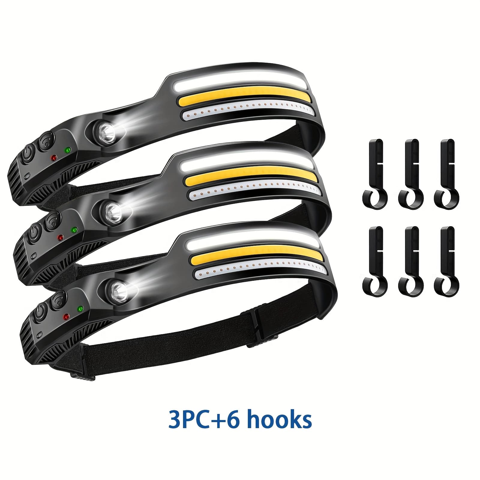 TEMU 3pcs Sensor Headlamp, Flashlight Headlight, , Headlight, Usb Rechargeable, Built-in 1200mah Battery//, 3 Light , Motion Sensor & 6 Hooks, Suitable For Fishing, Work, Adventure, Hiking, Cycling