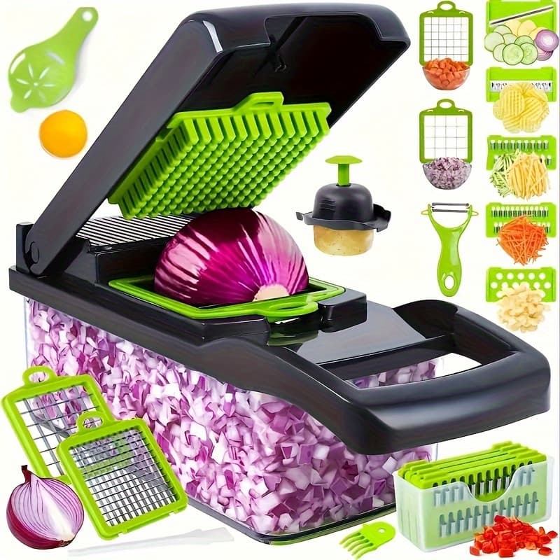 TEMU 16in 1 Vegetable Chopper - Multifunctional Manual Food , Kitchen Cutter With Container, Mandoline For Onion, Carrot, Garlic - Uncharged Plastic Kitchen Gadget Set With Drain Basket