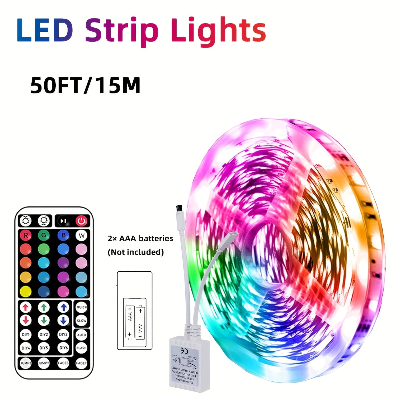 TEMU 50ft/100ft Led Strip Lights, Ultra-long Rgb Led Strips With Remote Controller, Color Changing Tape Light With Adapter For Bedroom, Room, Kitchen, Bar, Wedding Party Decoration, Holiday Gift